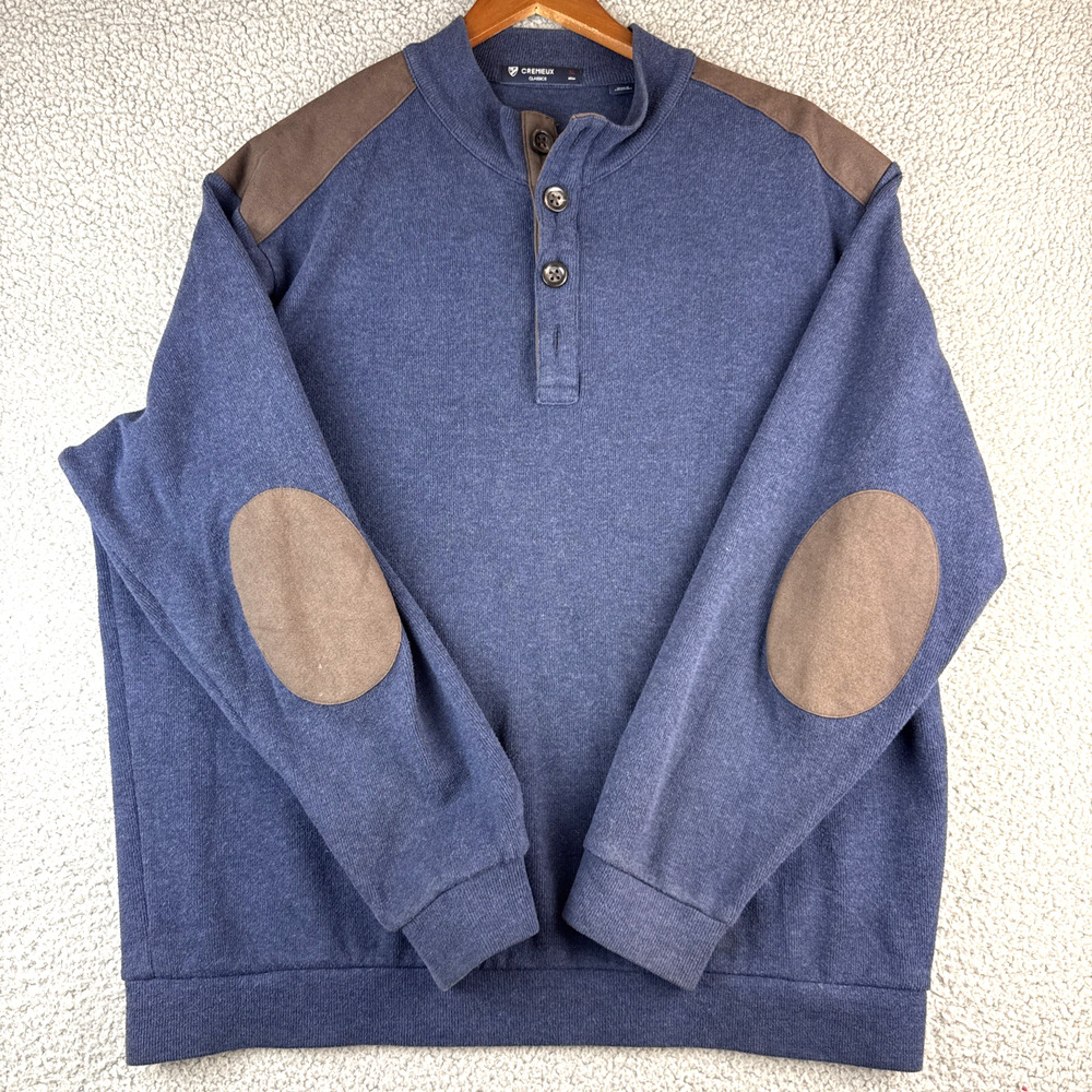 Men's Pullover Sweater XL Blue Elbow Shoulder Patches Henley Cremieux Classics
